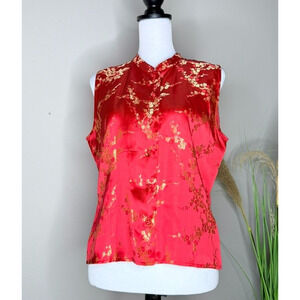 Carole Little Satin Top Women's 12 Red Mandarin Collar Long Stretch Cherry Bloss